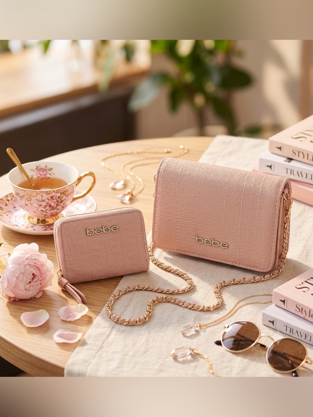 NWT bebe Pink Crossbody Bag & Matching Wallet Set – Rhinestone Logo